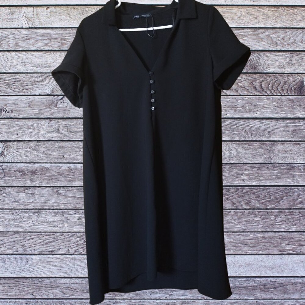 Zara Size Large Short Sleeve Black Shirt Dress Partial Button Front READ